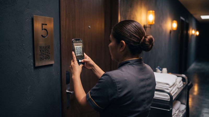 La camarista escanea el código QR de la habitación