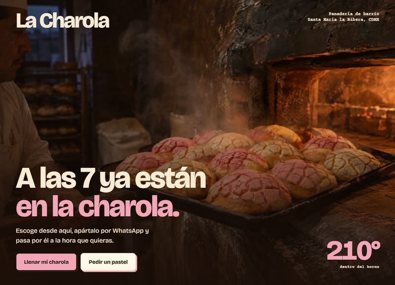 Página de panadería de barrio con conchas saliendo del horno