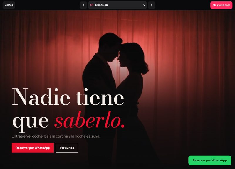 Página de motel boutique con suites y tarifas por horas