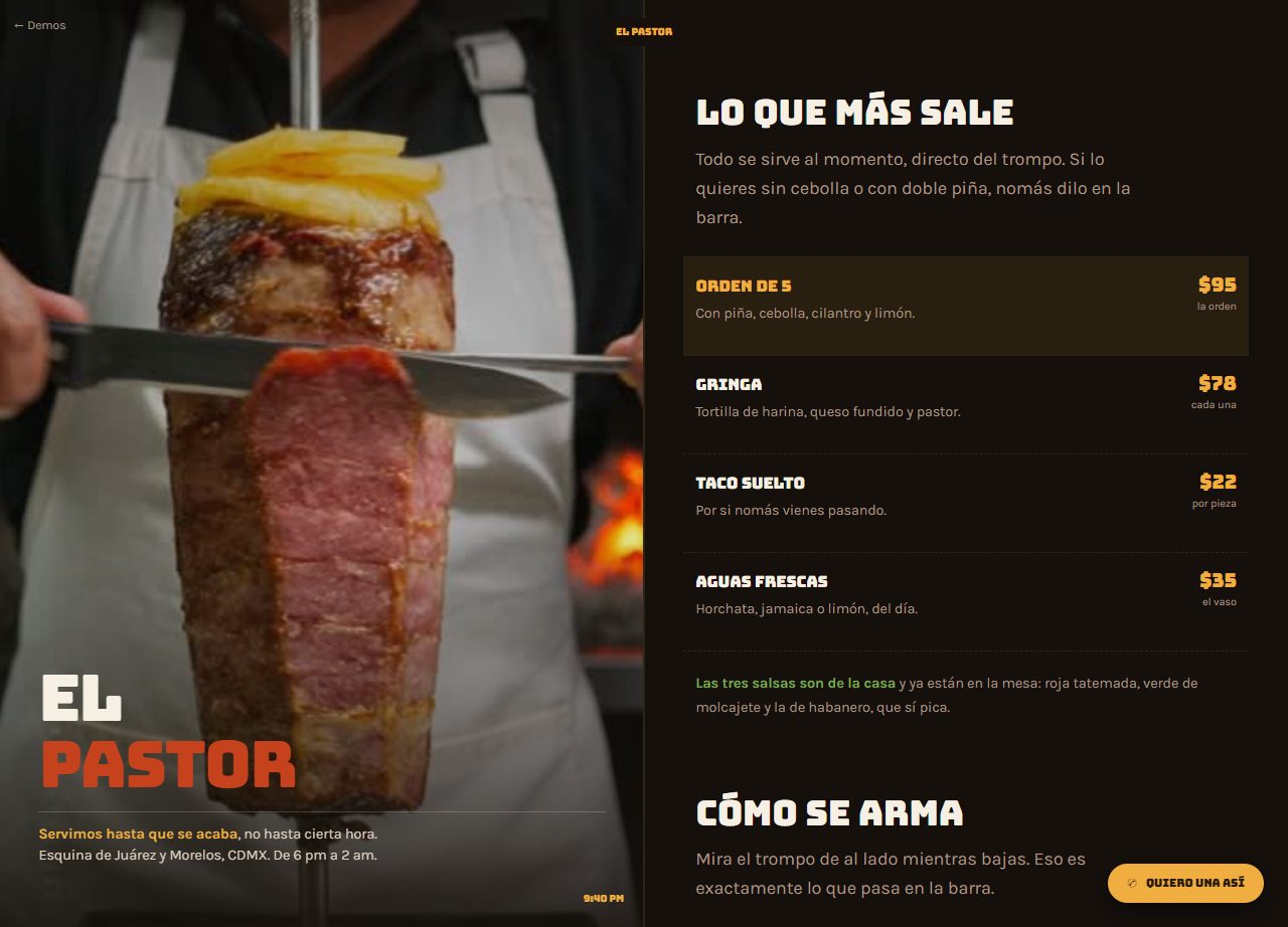 Página de taquería con el trompo al pastor