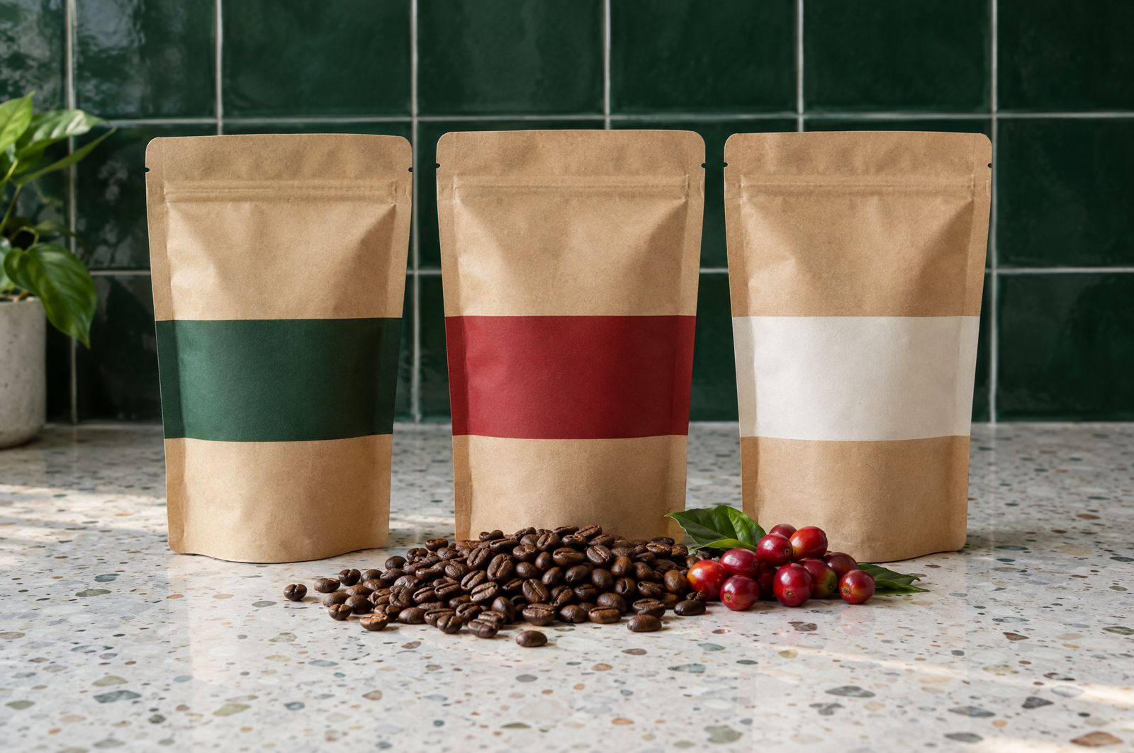 Tres bolsas de café con banda verde, roja y blanca