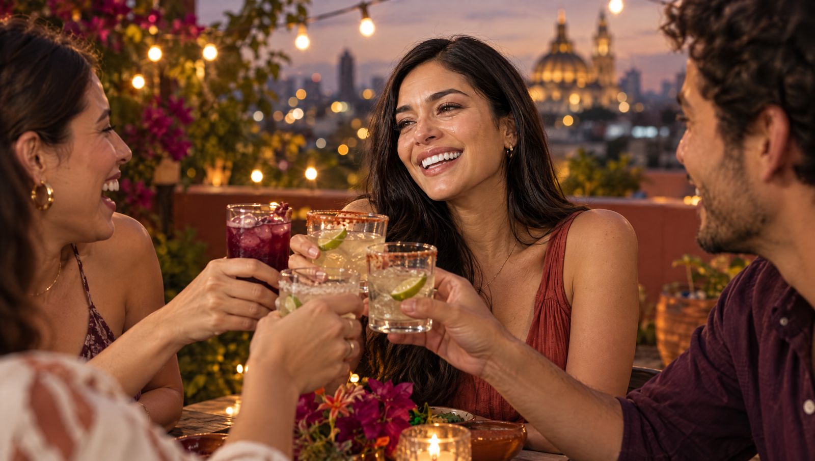 Una mujer ríe con sus amigos en una terraza de noche