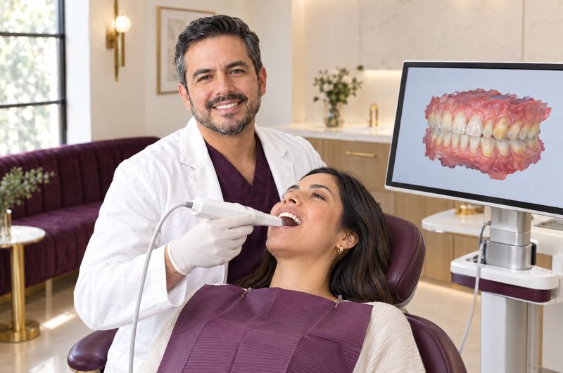 El dentista escanea los dientes de una paciente con un escáner intraoral