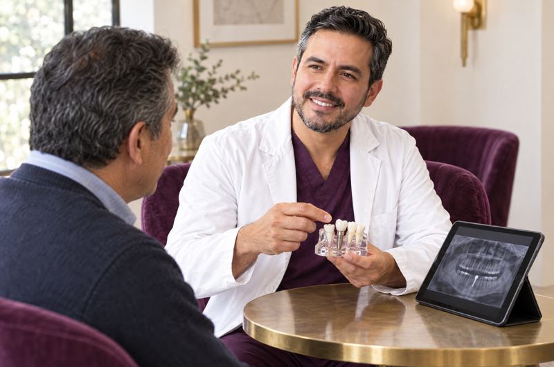 El dentista explica un modelo de implante a un paciente