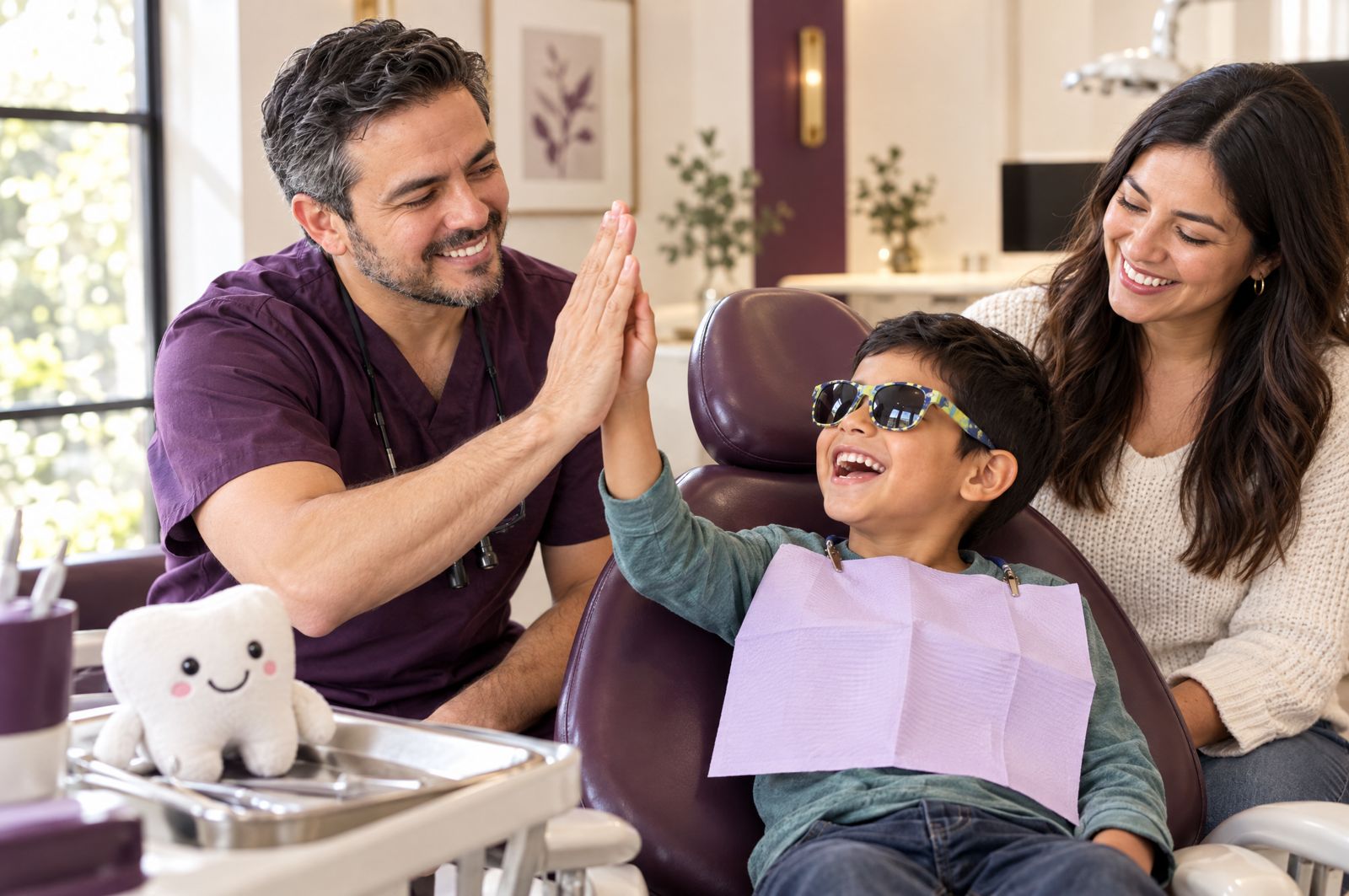 El dentista choca las manos con un niño en el sillón dental