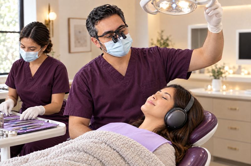 El dentista con lupas ajusta la lámpara mientras la paciente descansa con audífonos