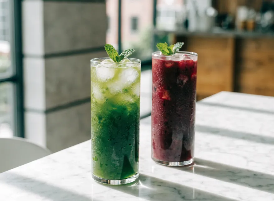 Jugos verdes recién exprimidos en botellas de vidrio