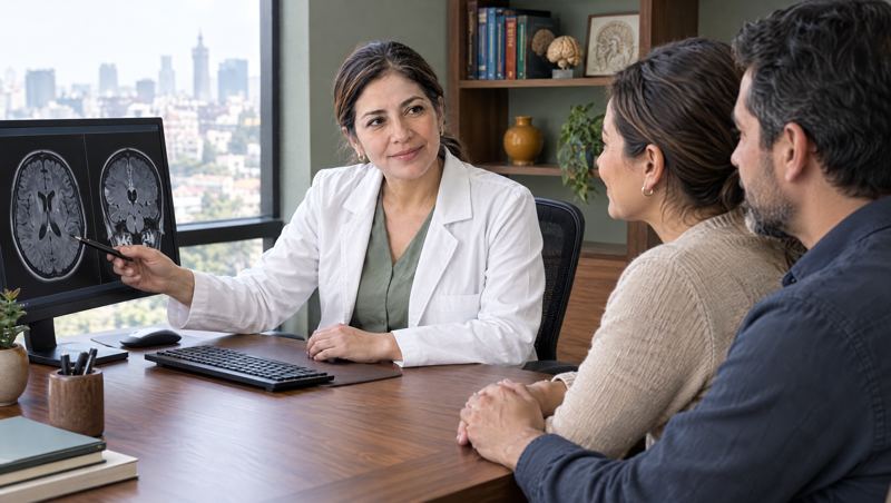 La doctora explica una resonancia en la pantalla a una paciente y su esposo