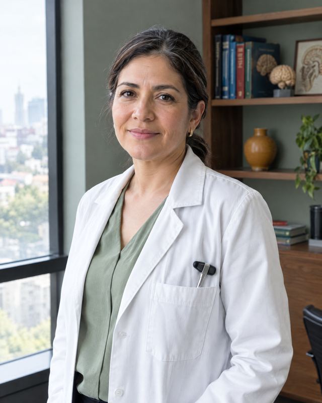 La doctora Inés Carbajal en su consultorio, junto a la ventana