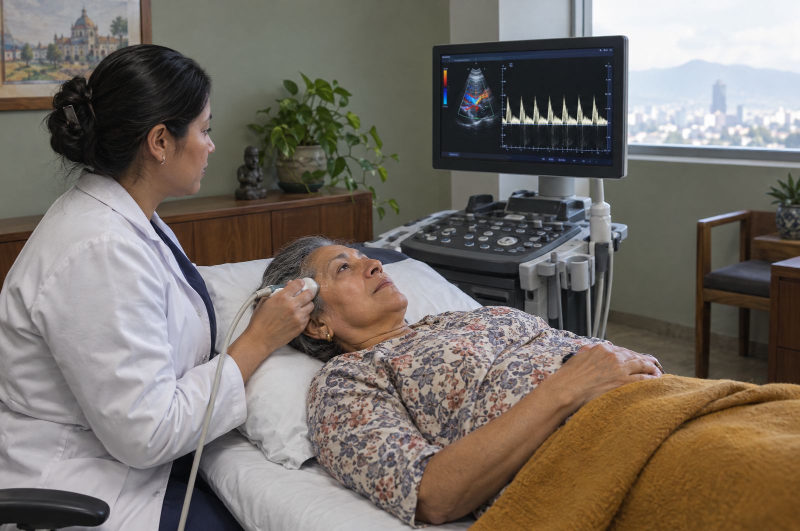 Estudio de Doppler transcraneal con la sonda en la sien de una paciente