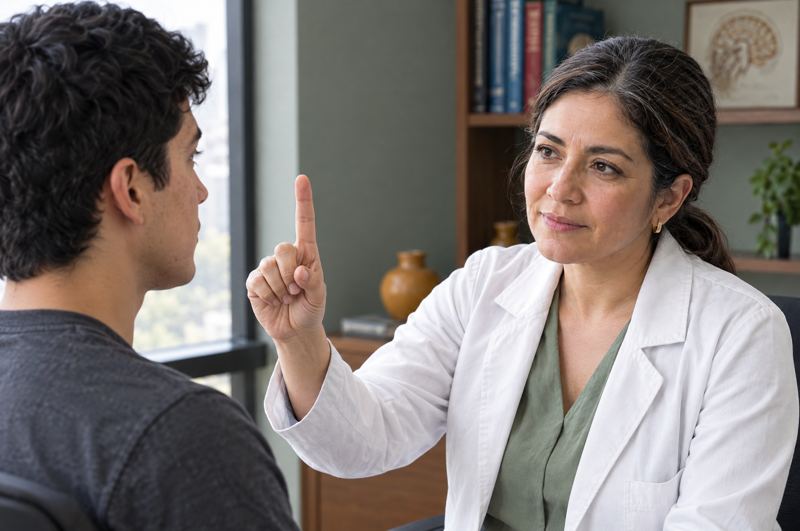 La doctora revisa los movimientos de los ojos de un paciente