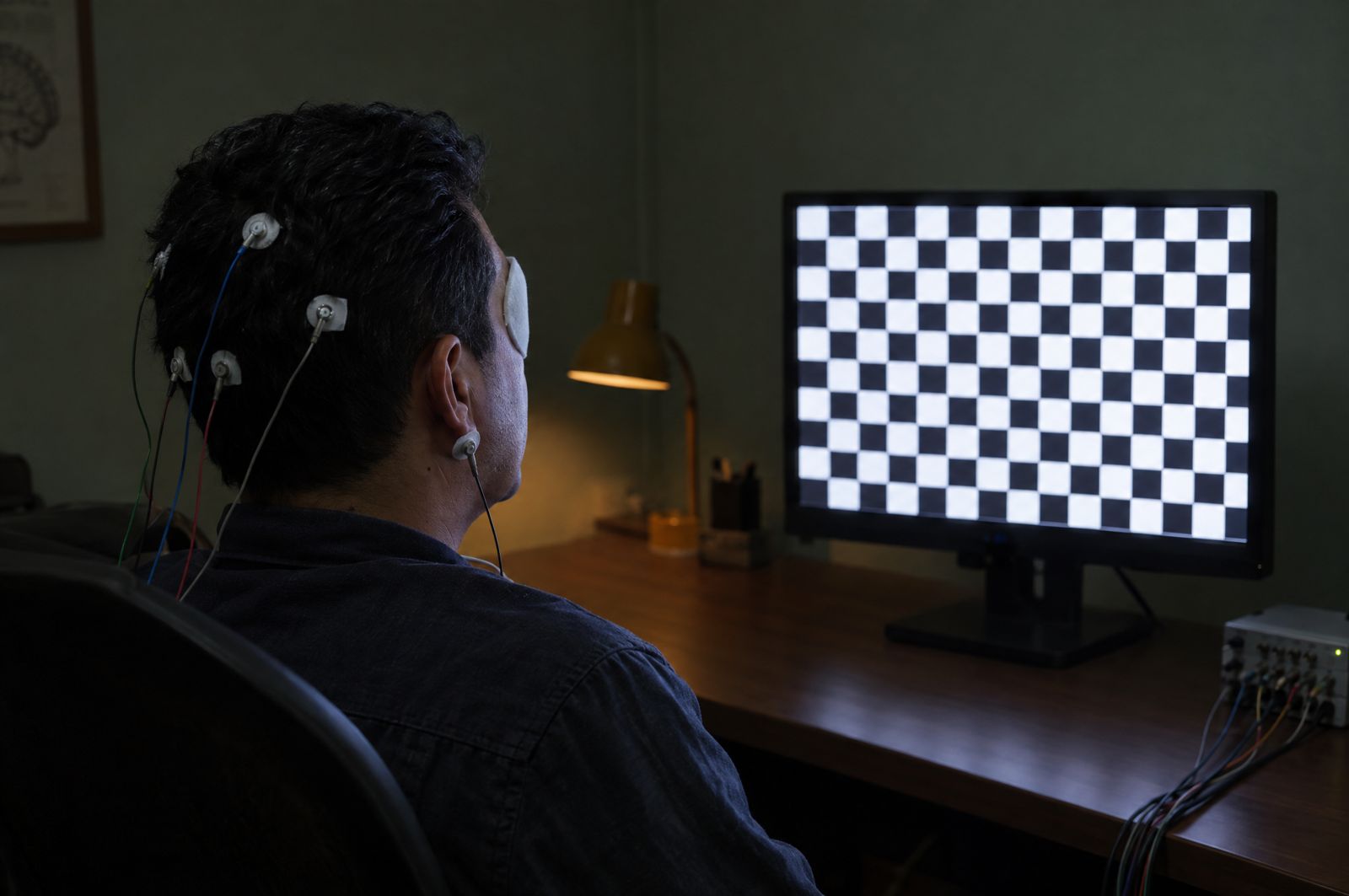 Paciente con electrodos mirando un tablero de ajedrez en la pantalla