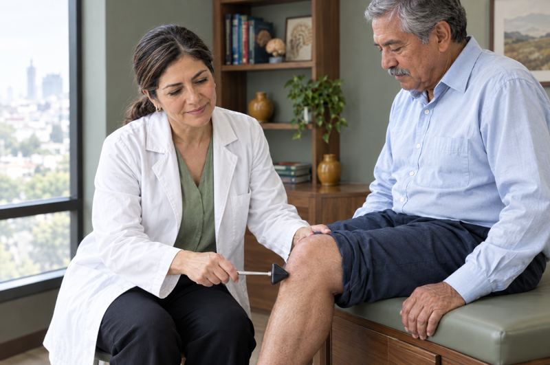 La doctora revisa el reflejo de la rodilla de un paciente