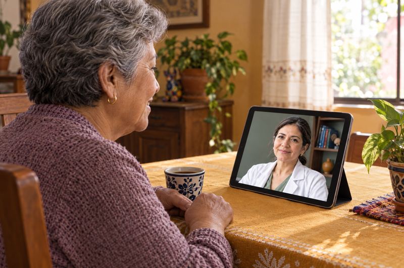 Una paciente mayor en videollamada con la doctora desde su casa