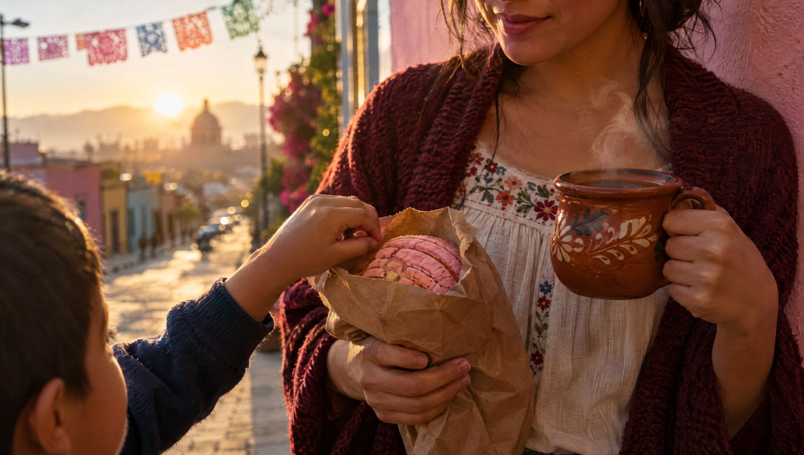 Unas manos sostienen una bolsa de pan con una concha y un café de olla al amanecer
