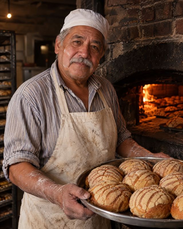 Don Chema, el panadero, sostiene una charola de conchas frente al horno