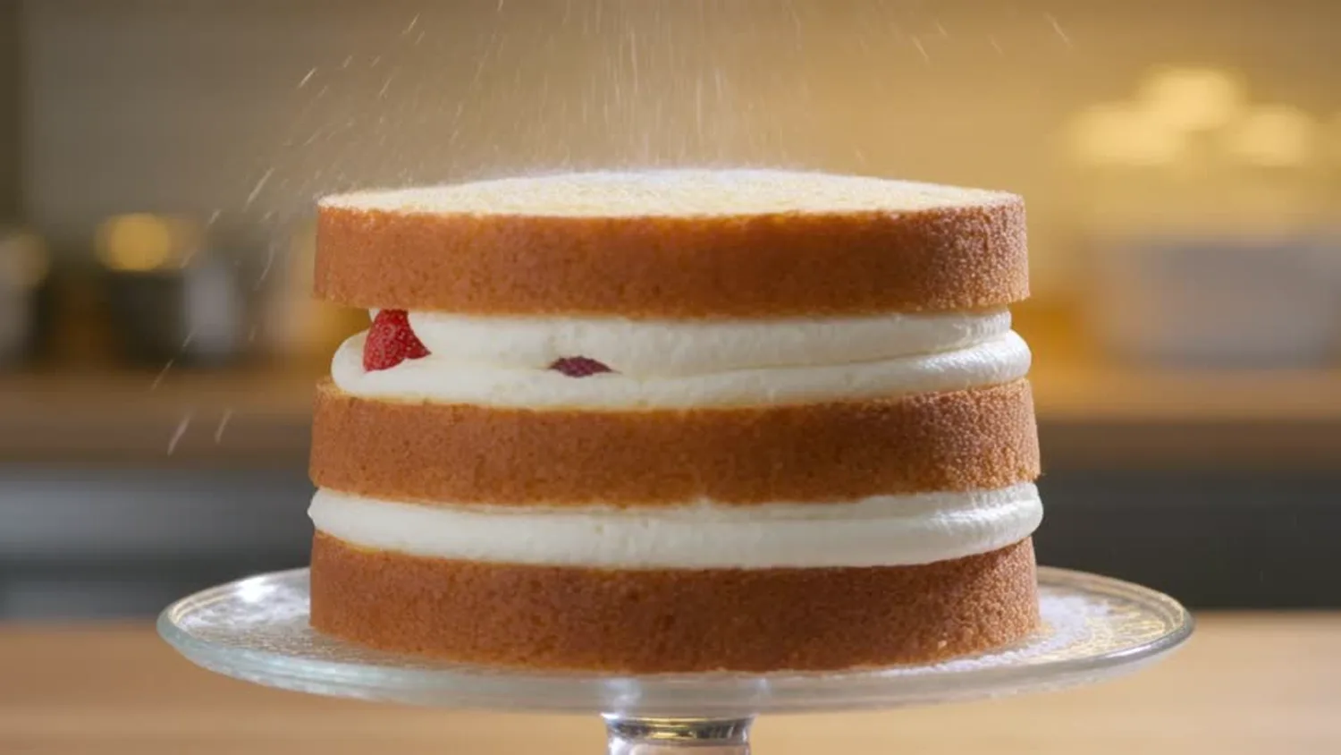 Pastel de tres capas con crema y frambuesas, espolvoreado con azúcar glas