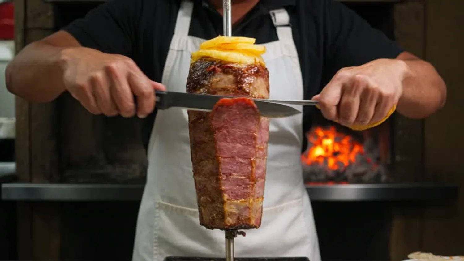 El taquero corta pastor del trompo con la piña encima