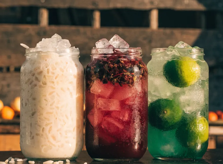 Vasos de aguas frescas de horchata y jamaica