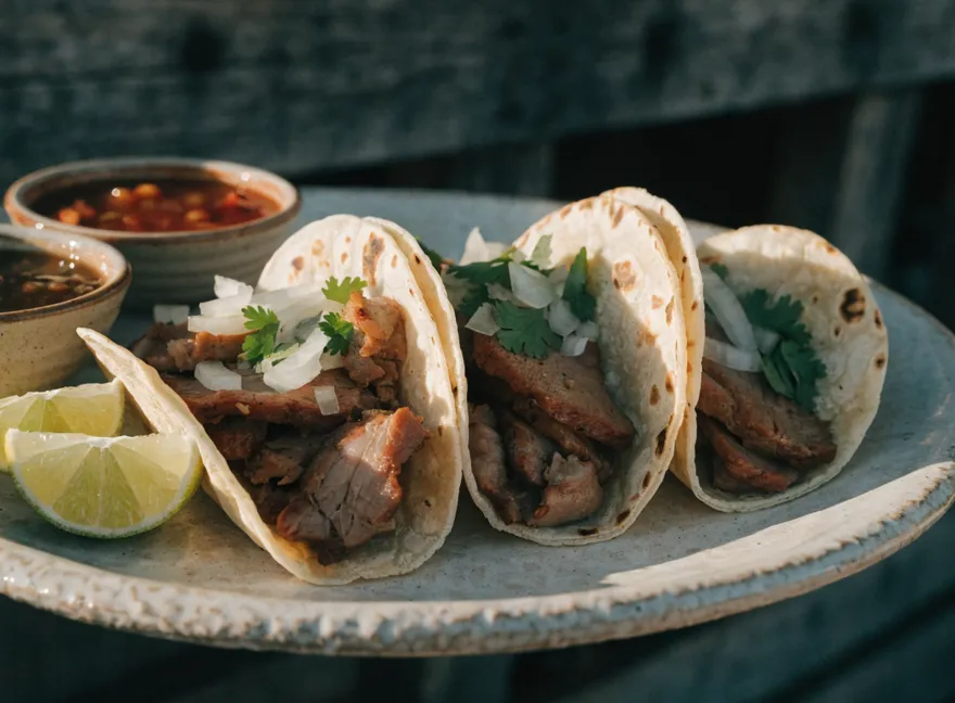 Orden de cinco tacos al pastor servida en plato